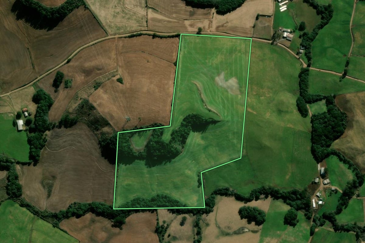Imagem de satélite do imóvel rural em Guabiju (RS), com o contorno declarado no CAR desenhado por cima.