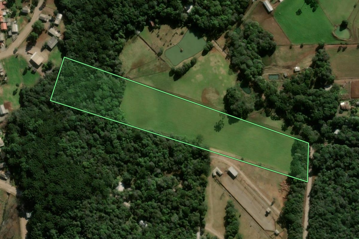 Imagem de satélite do imóvel rural em Guabiju (RS), com o contorno declarado no CAR desenhado por cima.