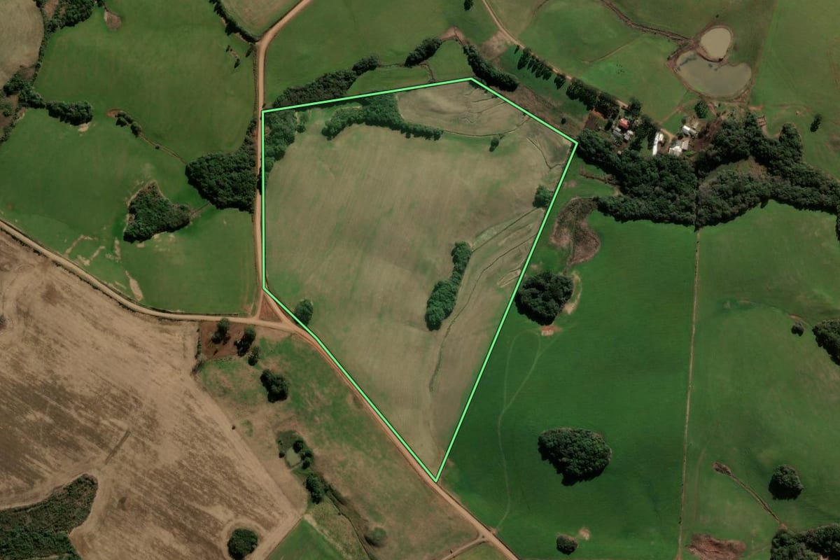 Imagem de satélite do imóvel rural em Guabiju (RS), com o contorno declarado no CAR desenhado por cima.