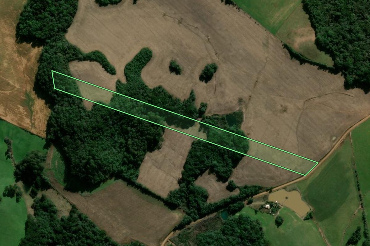 Imagem de satélite do imóvel rural em Guabiju (RS), com o contorno declarado no CAR desenhado por cima.