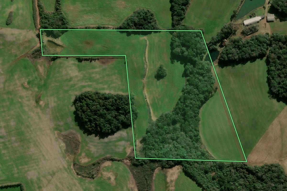 Imagem de satélite do imóvel rural em Guabiju (RS), com o contorno declarado no CAR desenhado por cima.