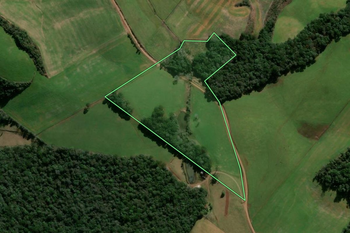 Imagem de satélite do imóvel rural em Guabiju (RS), com o contorno declarado no CAR desenhado por cima.
