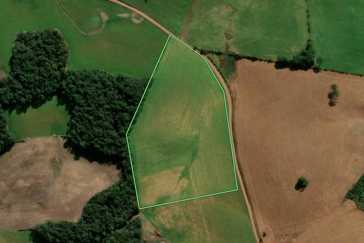 Imagem de satélite do imóvel rural em Guabiju (RS), com o contorno declarado no CAR desenhado por cima.