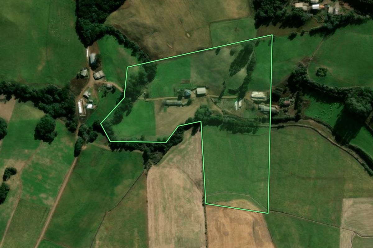 Imagem de satélite do imóvel rural em Guabiju (RS), com o contorno declarado no CAR desenhado por cima.