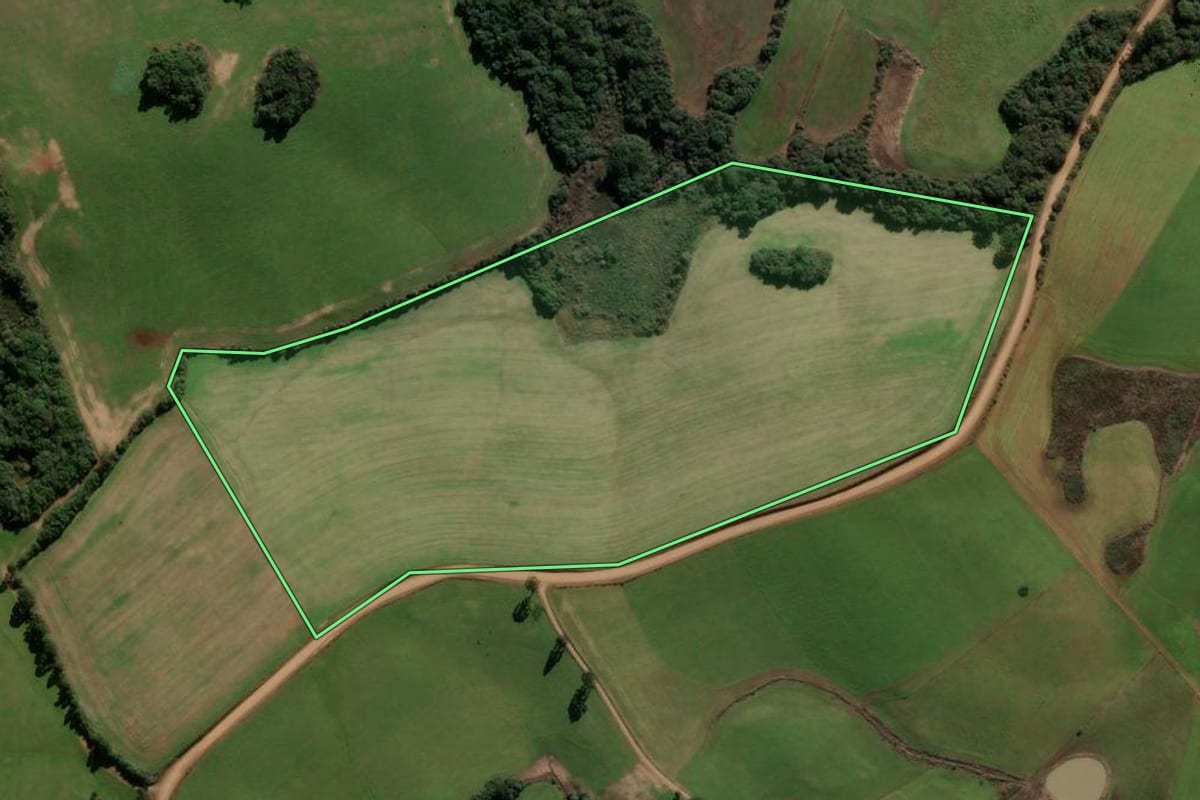 Imagem de satélite do imóvel rural em Guabiju (RS), com o contorno declarado no CAR desenhado por cima.