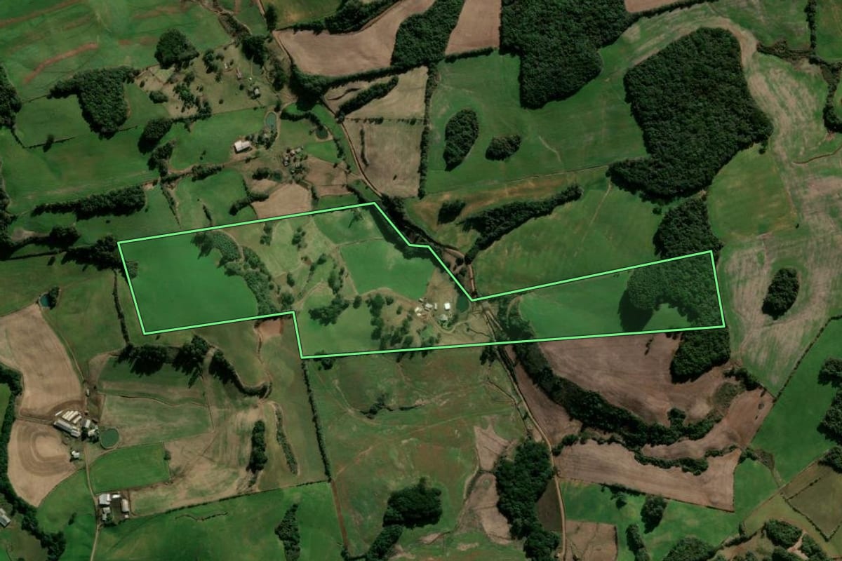 Imagem de satélite do imóvel rural em Guabiju (RS), com o contorno declarado no CAR desenhado por cima.