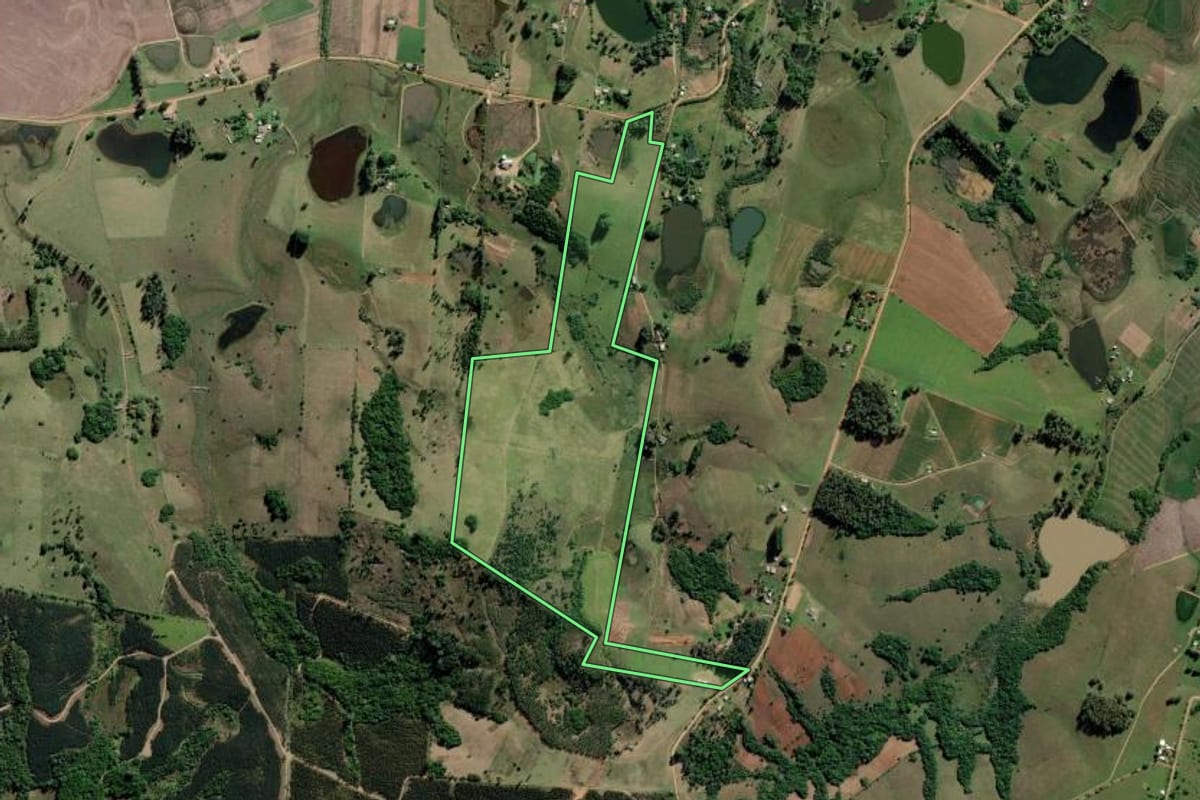 Imagem de satélite do imóvel rural em Guaíba (RS), com o contorno declarado no CAR desenhado por cima.