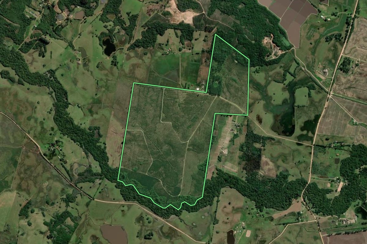 Imagem de satélite do imóvel rural em Guaíba (RS), com o contorno declarado no CAR desenhado por cima.