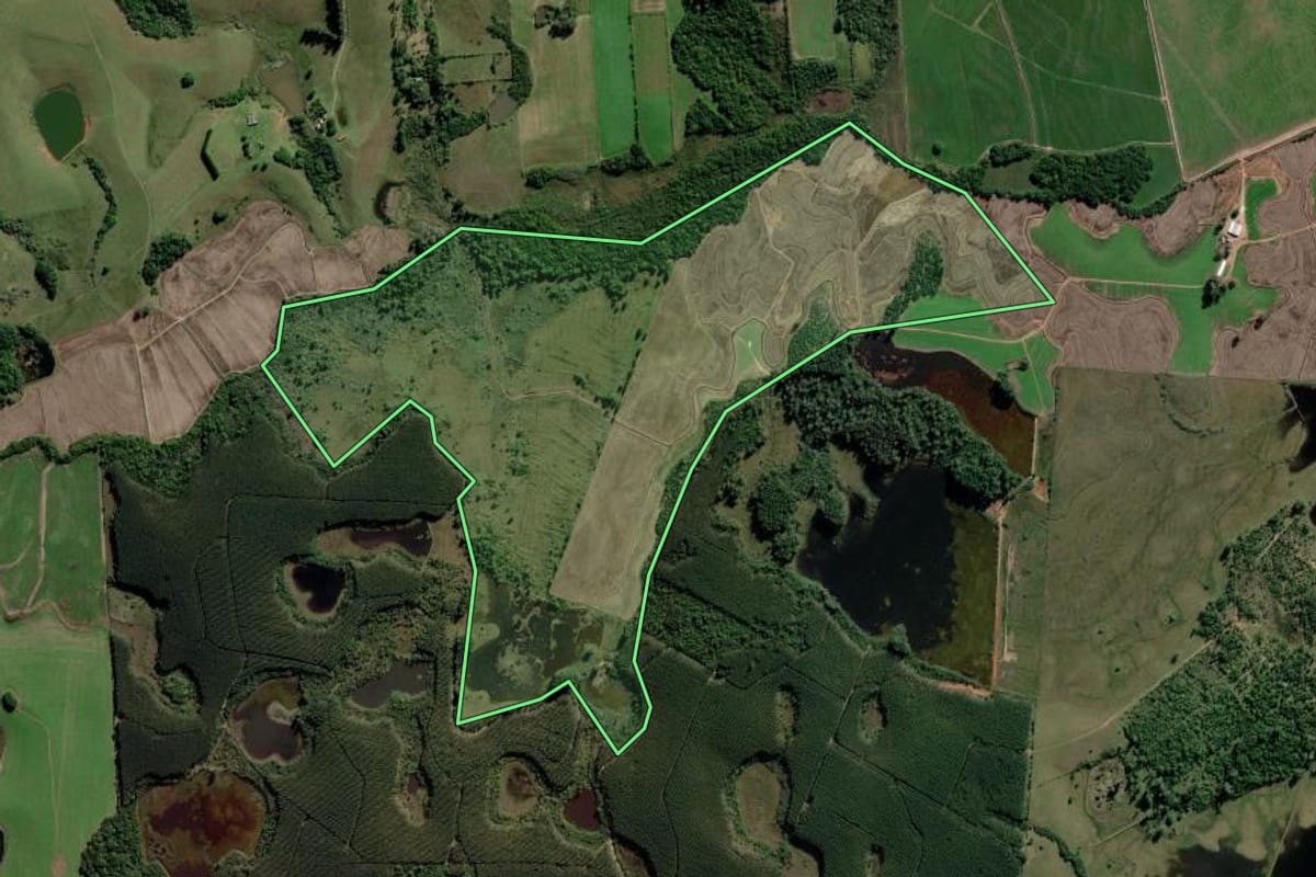 Imagem de satélite do imóvel rural em Guaíba (RS), com o contorno declarado no CAR desenhado por cima.