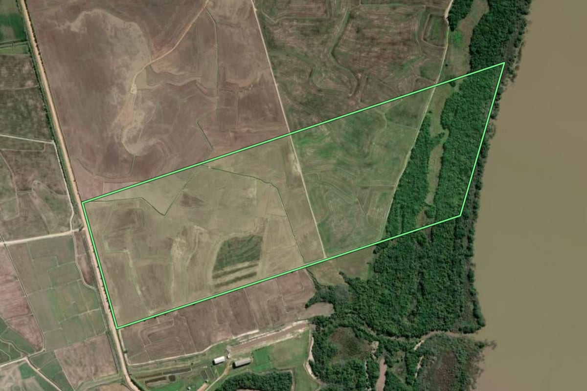 Imagem de satélite do imóvel rural em Guaíba (RS), com o contorno declarado no CAR desenhado por cima.