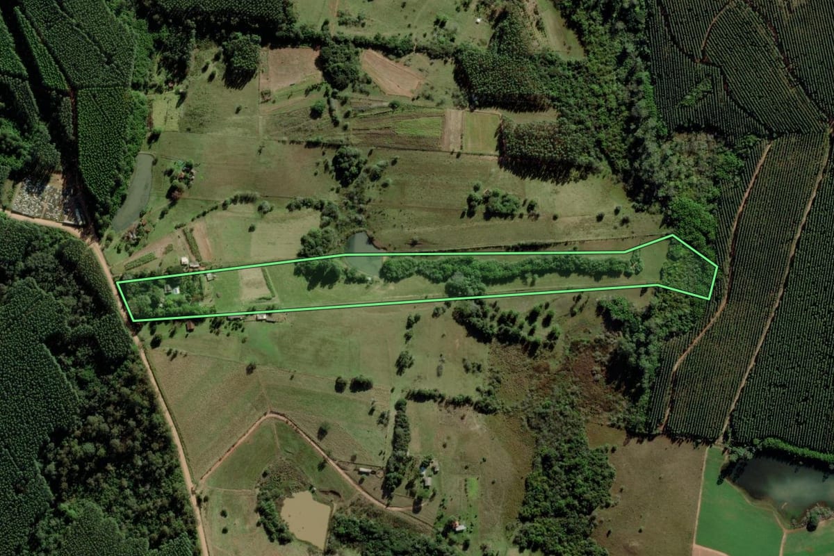 Imagem de satélite do imóvel rural em Guaíba (RS), com o contorno declarado no CAR desenhado por cima.