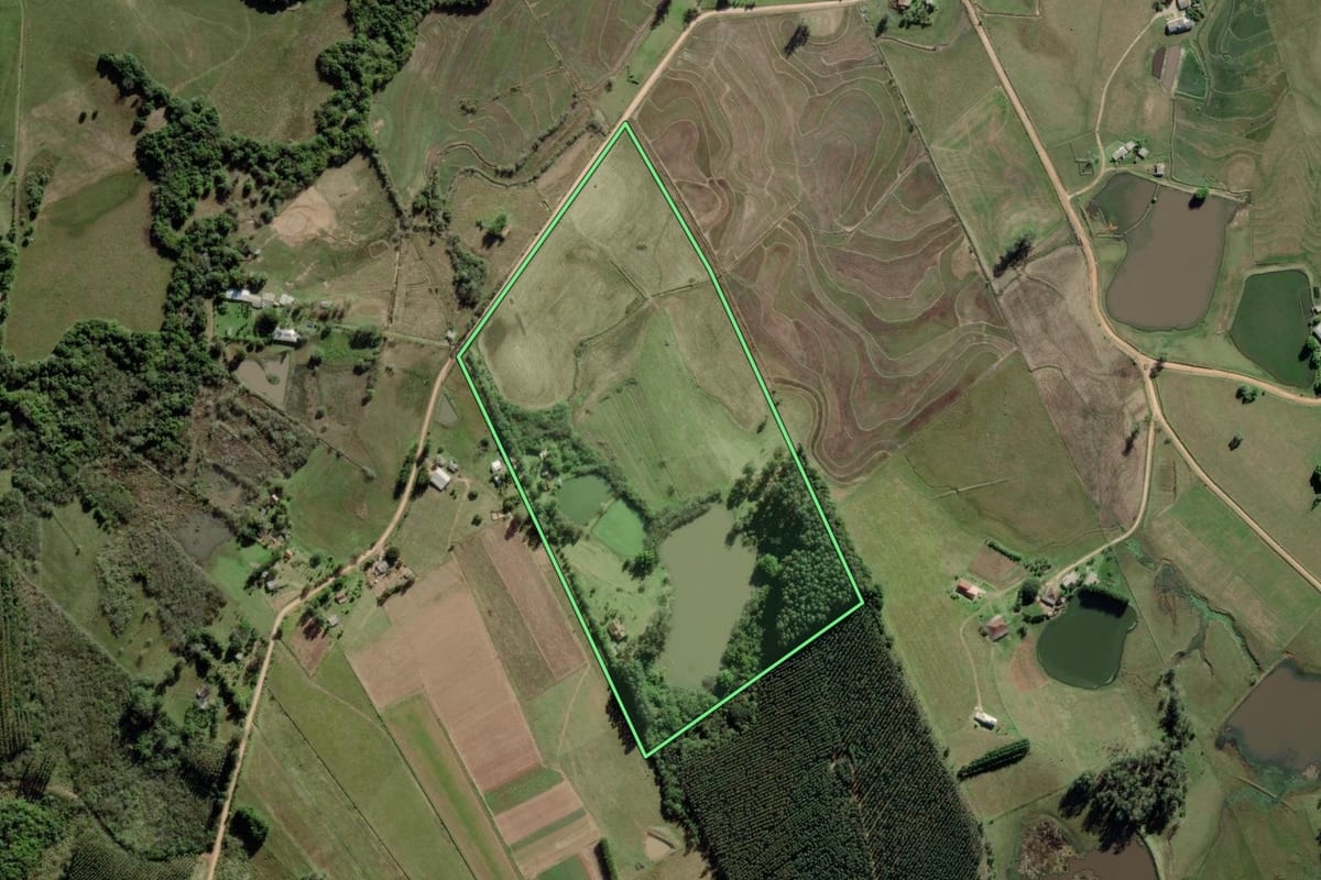 Imagem de satélite do imóvel rural em Guaíba (RS), com o contorno declarado no CAR desenhado por cima.