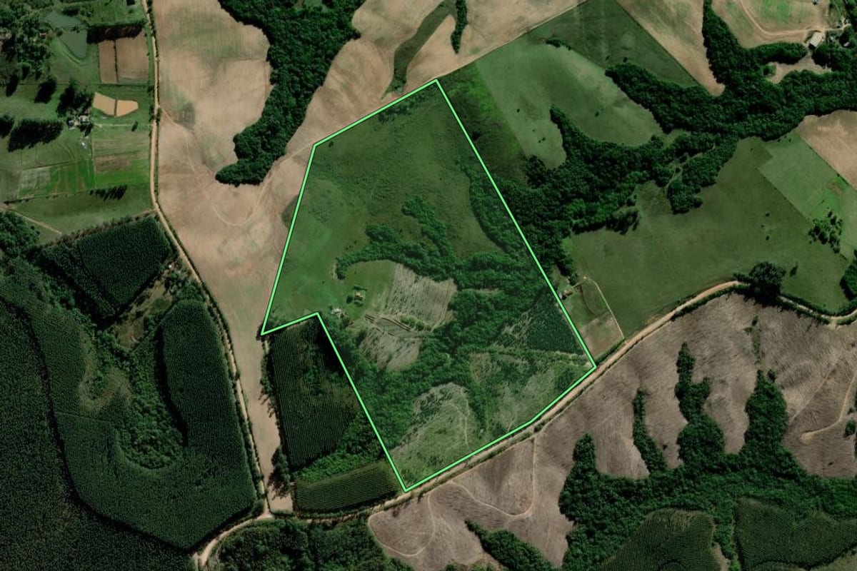 Imagem de satélite do imóvel rural em Guaíba (RS), com o contorno declarado no CAR desenhado por cima.