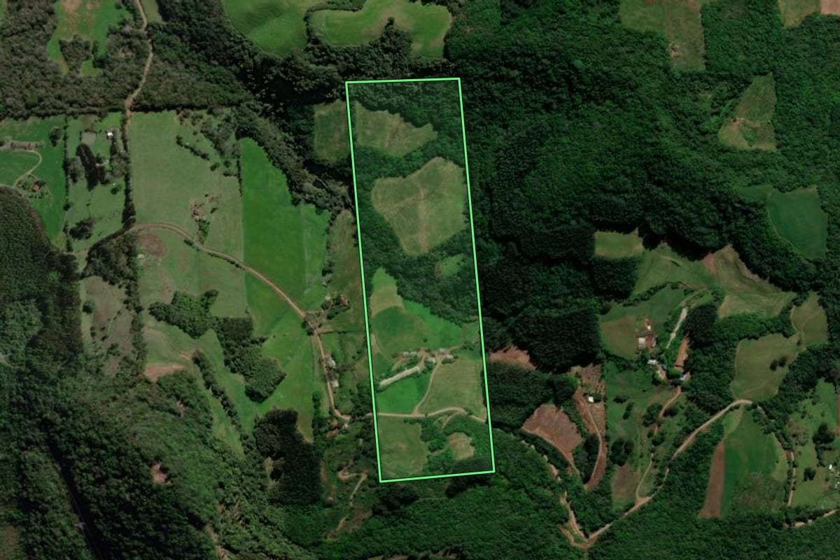 Imagem de satélite do imóvel rural em Guaporé (RS), com o contorno declarado no CAR desenhado por cima.