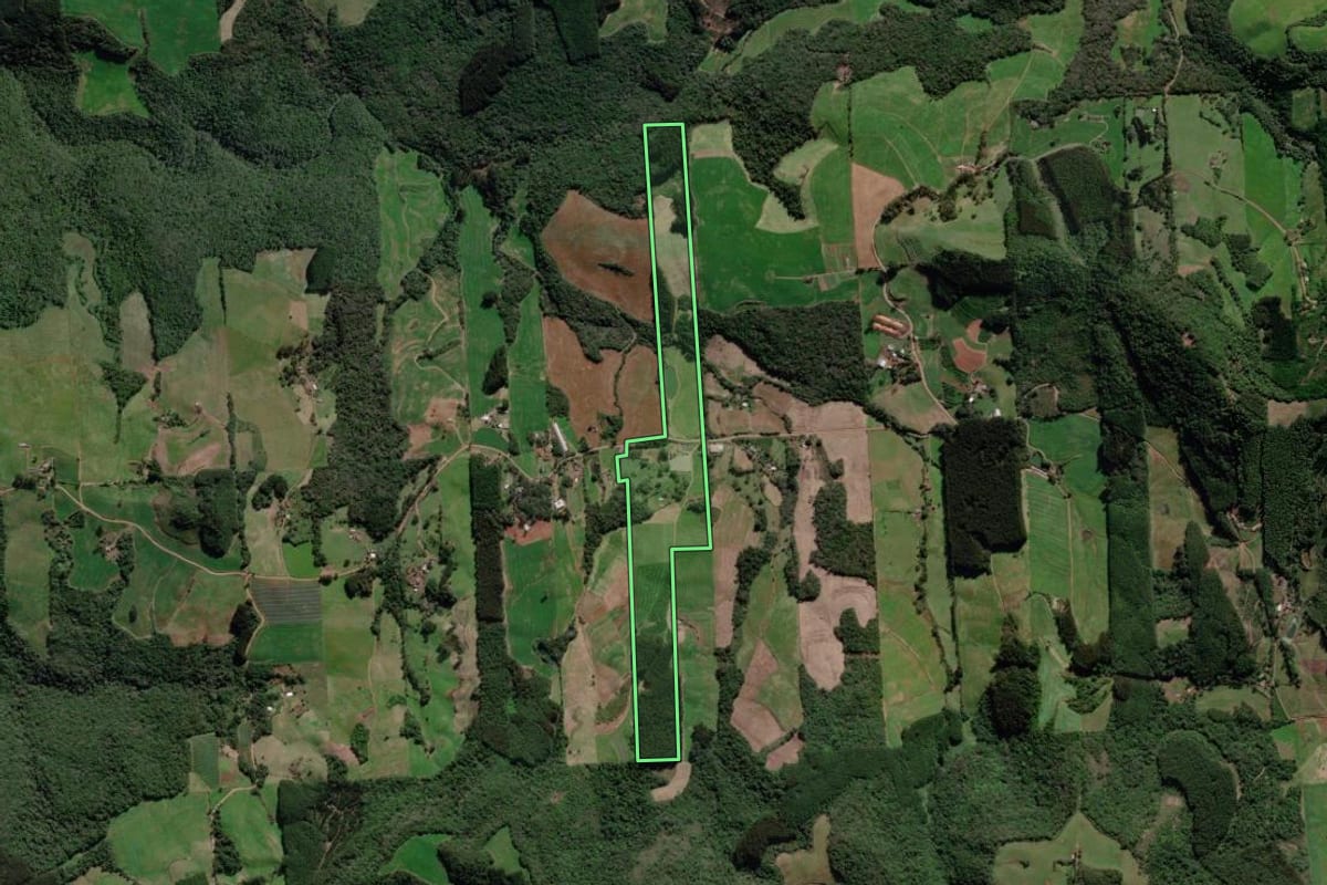 Imagem de satélite do imóvel rural em Guaporé (RS), com o contorno declarado no CAR desenhado por cima.