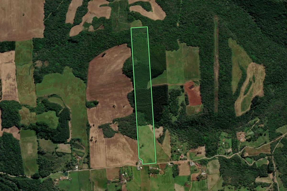 Imagem de satélite do imóvel rural em Guaporé (RS), com o contorno declarado no CAR desenhado por cima.