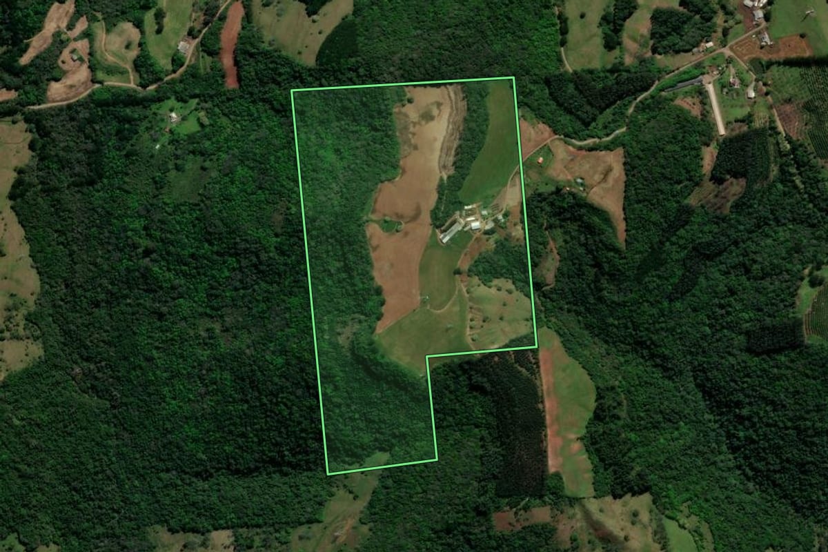 Imagem de satélite do imóvel rural em Guaporé (RS), com o contorno declarado no CAR desenhado por cima.