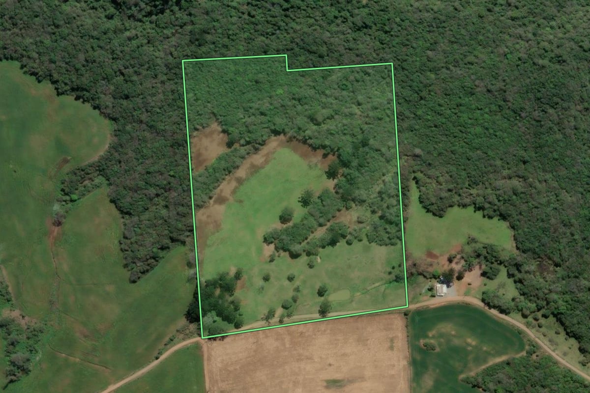 Imagem de satélite do imóvel rural em Guaporé (RS), com o contorno declarado no CAR desenhado por cima.