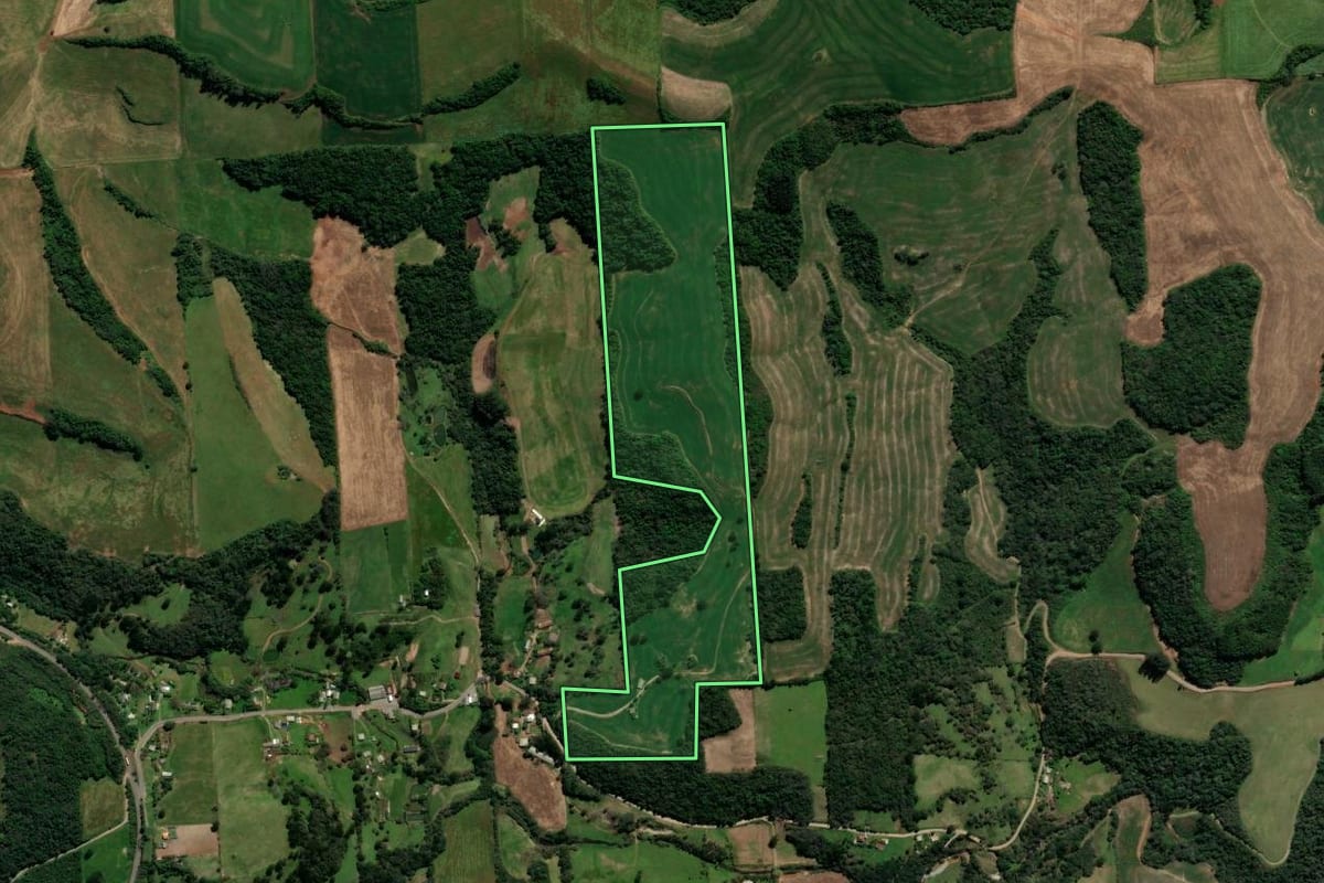 Imagem de satélite do imóvel rural em Guaporé (RS), com o contorno declarado no CAR desenhado por cima.