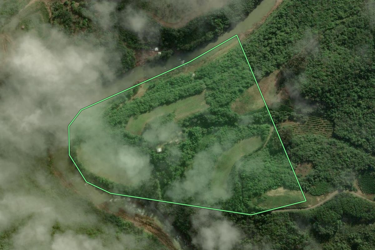 Imagem de satélite do imóvel rural em Guaporé (RS), com o contorno declarado no CAR desenhado por cima.