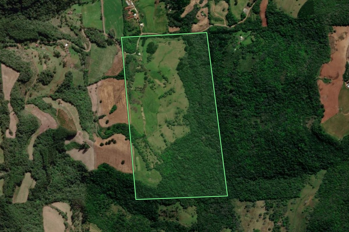 Imagem de satélite do imóvel rural em Guaporé (RS), com o contorno declarado no CAR desenhado por cima.