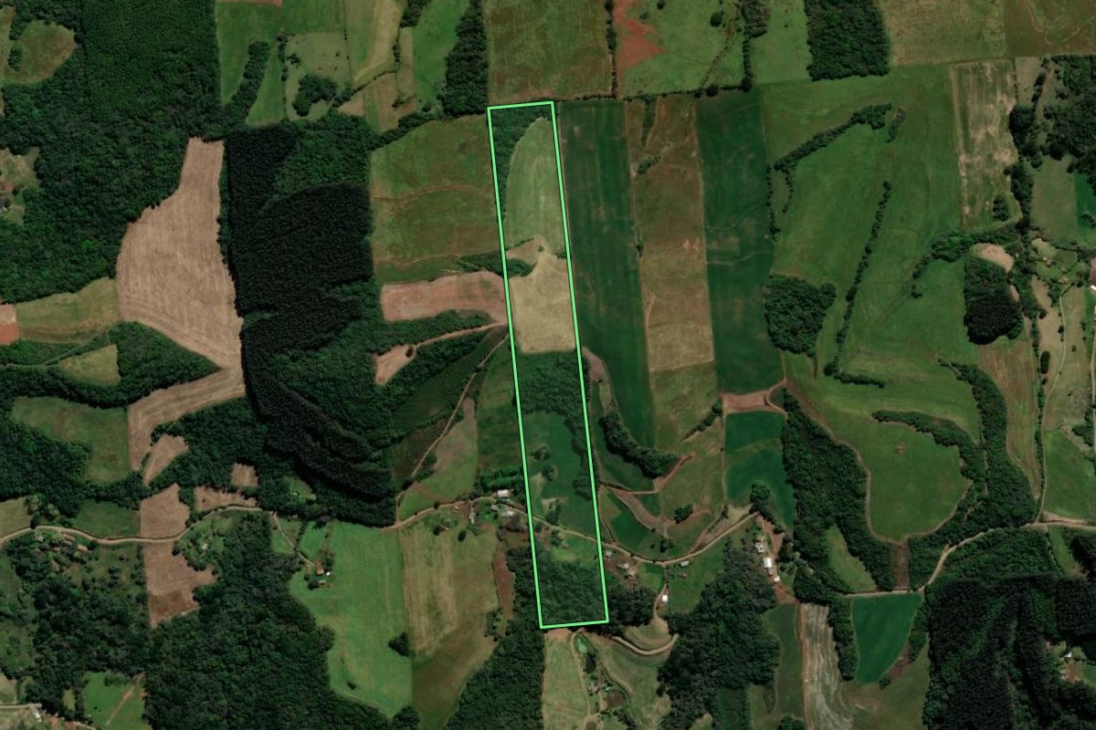 Imagem de satélite do imóvel rural em Guaporé (RS), com o contorno declarado no CAR desenhado por cima.