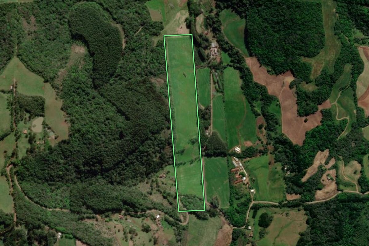 Imagem de satélite do imóvel rural em Guaporé (RS), com o contorno declarado no CAR desenhado por cima.