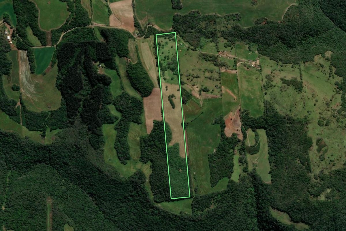 Imagem de satélite do imóvel rural em Guaporé (RS), com o contorno declarado no CAR desenhado por cima.