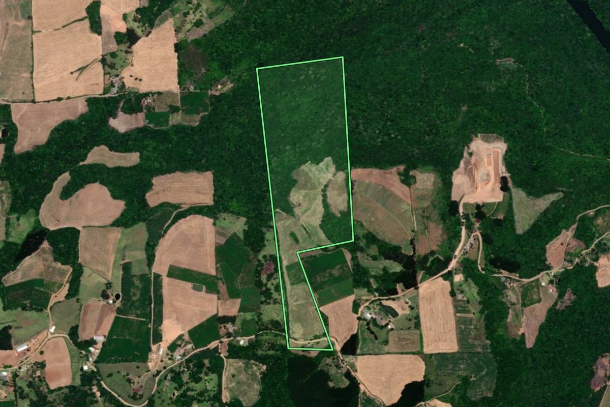 Imagem de satélite do imóvel rural em Guaporé (RS), com o contorno declarado no CAR desenhado por cima.