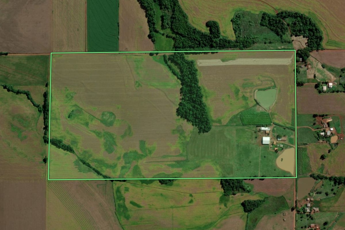 Imagem de satélite do imóvel rural em Guarani das Missões (RS), com o contorno declarado no CAR desenhado por cima.