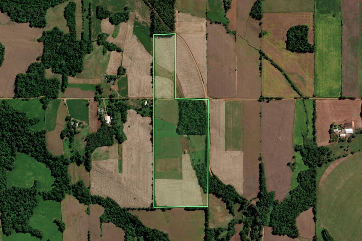 Imagem de satélite do imóvel rural em Guarani das Missões (RS), com o contorno declarado no CAR desenhado por cima.