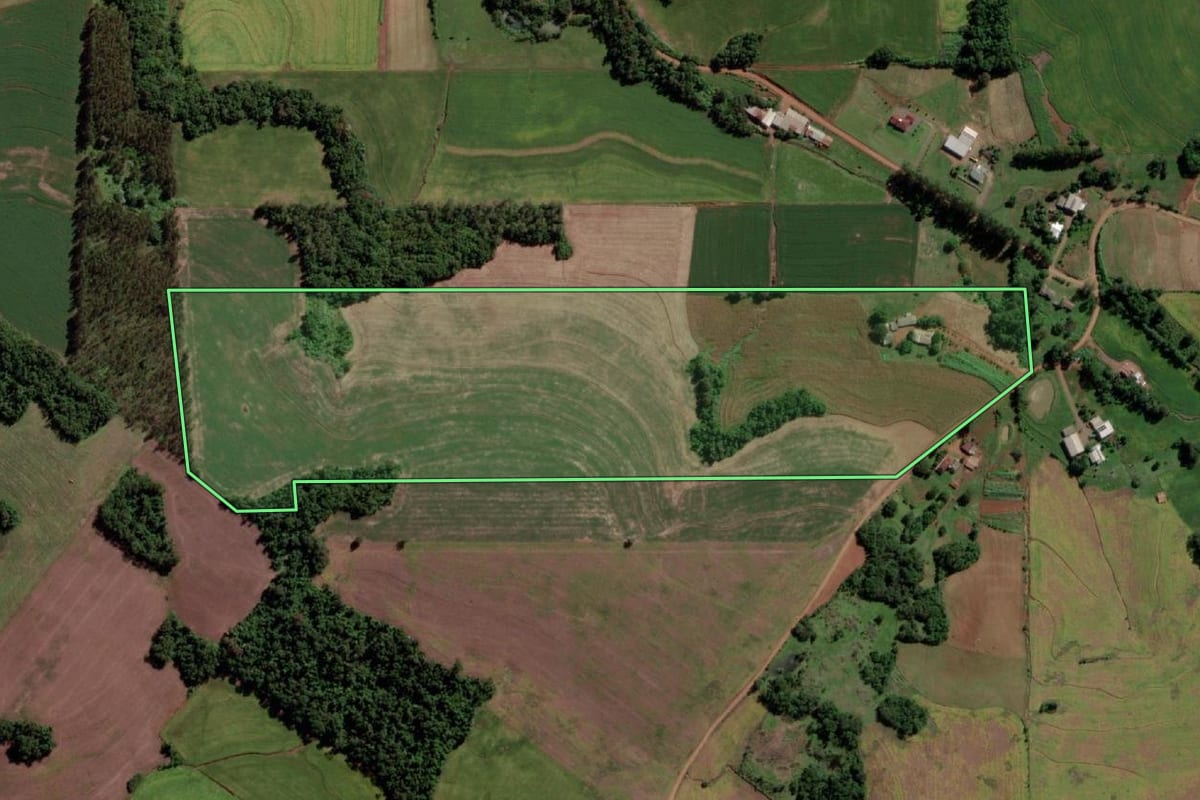 Imagem de satélite do imóvel rural em Guarani das Missões (RS), com o contorno declarado no CAR desenhado por cima.