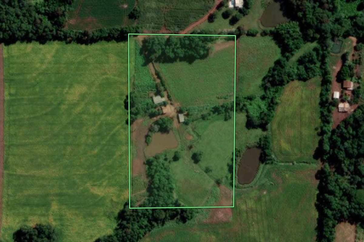 Imagem de satélite do imóvel rural em Guarani das Missões (RS), com o contorno declarado no CAR desenhado por cima.