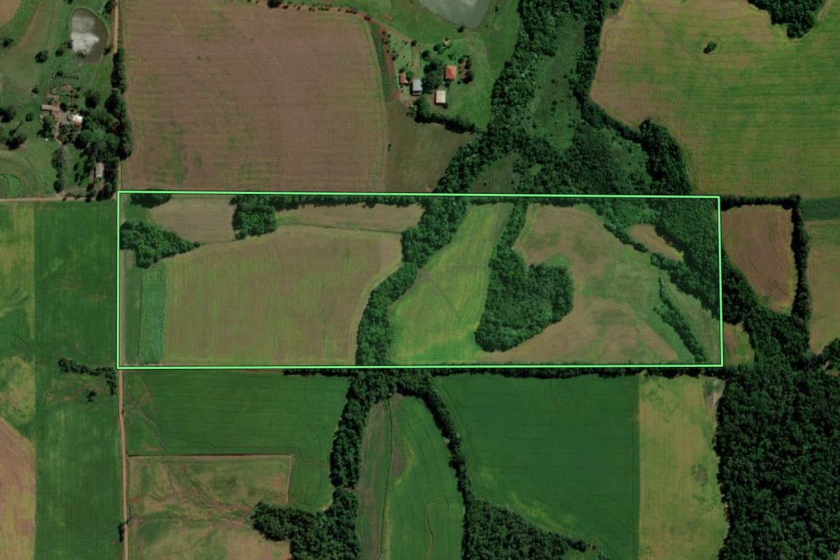Imagem de satélite do imóvel rural em Guarani das Missões (RS), com o contorno declarado no CAR desenhado por cima.