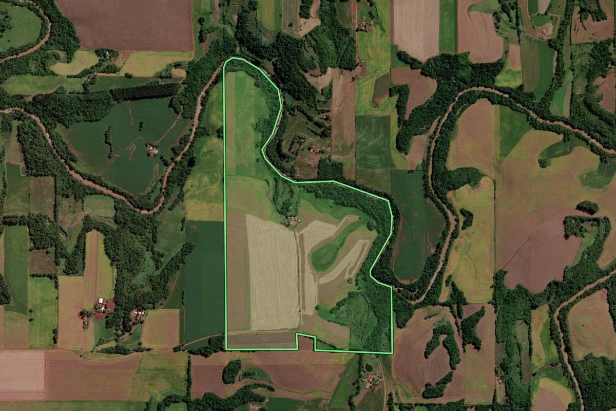 Imagem de satélite do imóvel rural em Guarani das Missões (RS), com o contorno declarado no CAR desenhado por cima.