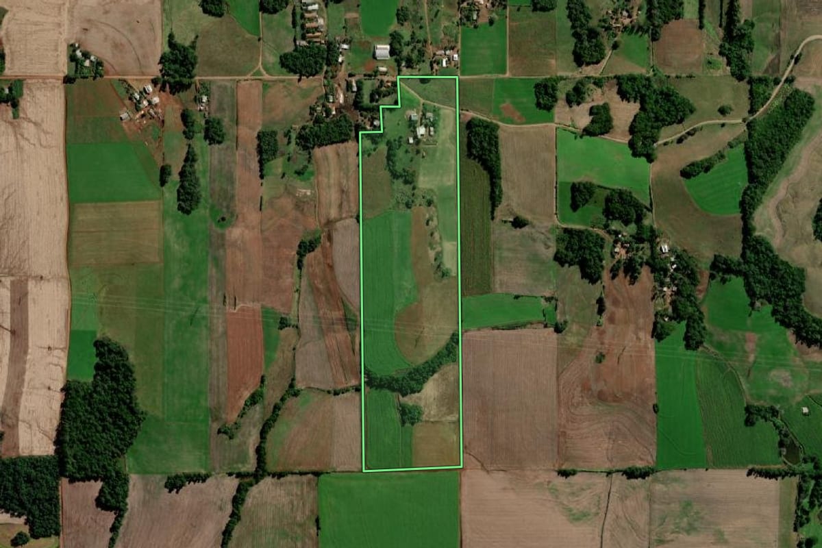 Imagem de satélite do imóvel rural em Guarani das Missões (RS), com o contorno declarado no CAR desenhado por cima.