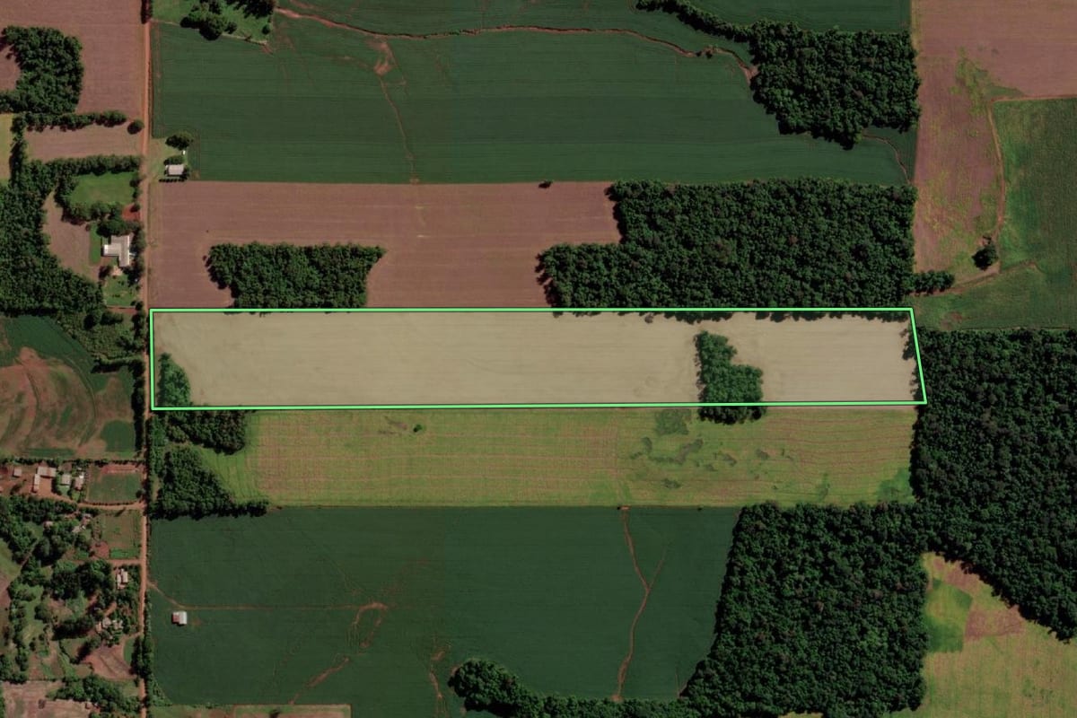 Imagem de satélite do imóvel rural em Guarani das Missões (RS), com o contorno declarado no CAR desenhado por cima.