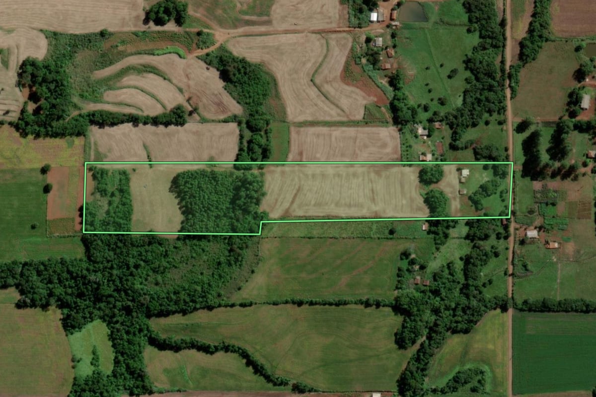 Imagem de satélite do imóvel rural em Guarani das Missões (RS), com o contorno declarado no CAR desenhado por cima.