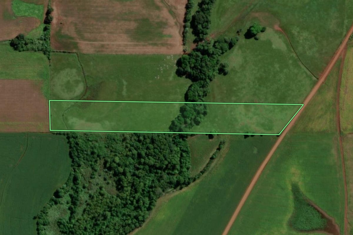 Imagem de satélite do imóvel rural em Guarani das Missões (RS), com o contorno declarado no CAR desenhado por cima.