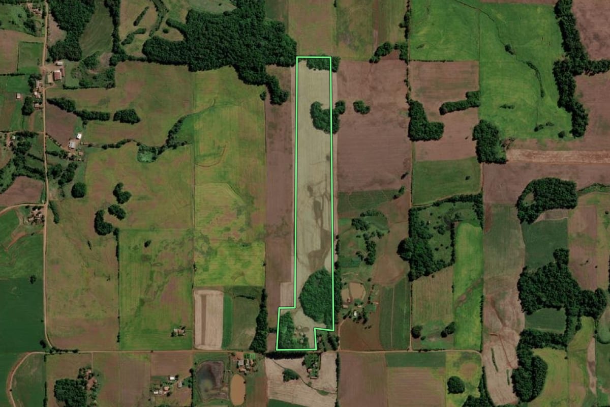 Imagem de satélite do imóvel rural em Guarani das Missões (RS), com o contorno declarado no CAR desenhado por cima.