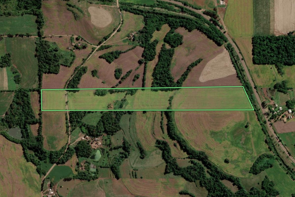 Imagem de satélite do imóvel rural em Guarani das Missões (RS), com o contorno declarado no CAR desenhado por cima.