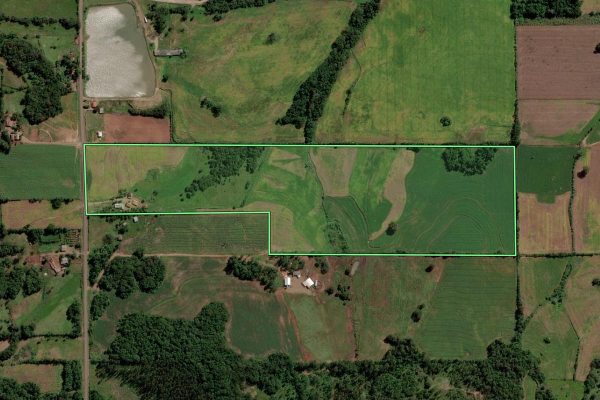 Imagem de satélite do imóvel rural em Guarani das Missões (RS), com o contorno declarado no CAR desenhado por cima.