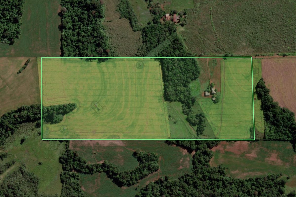 Imagem de satélite do imóvel rural em Guarani das Missões (RS), com o contorno declarado no CAR desenhado por cima.
