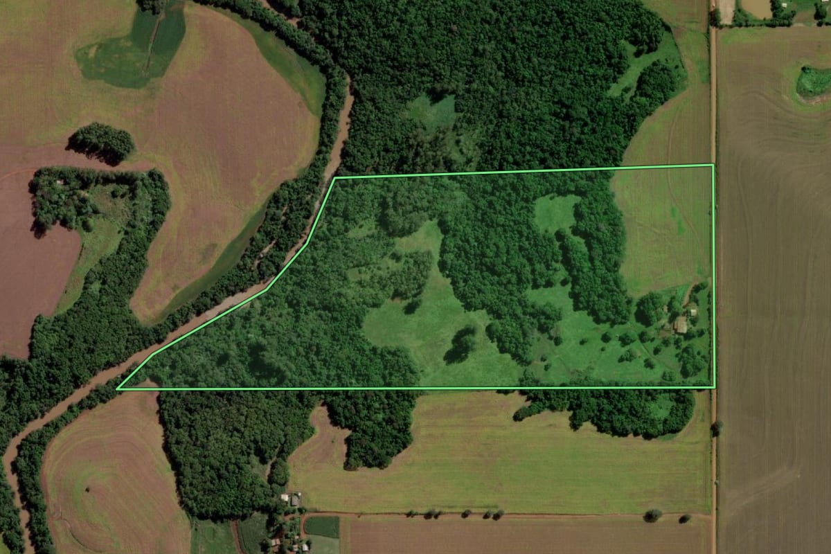 Imagem de satélite do imóvel rural em Guarani das Missões (RS), com o contorno declarado no CAR desenhado por cima.