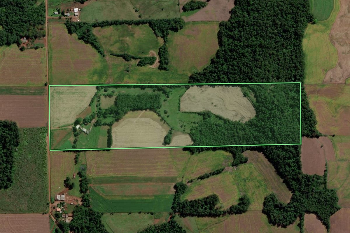 Imagem de satélite do imóvel rural em Guarani das Missões (RS), com o contorno declarado no CAR desenhado por cima.