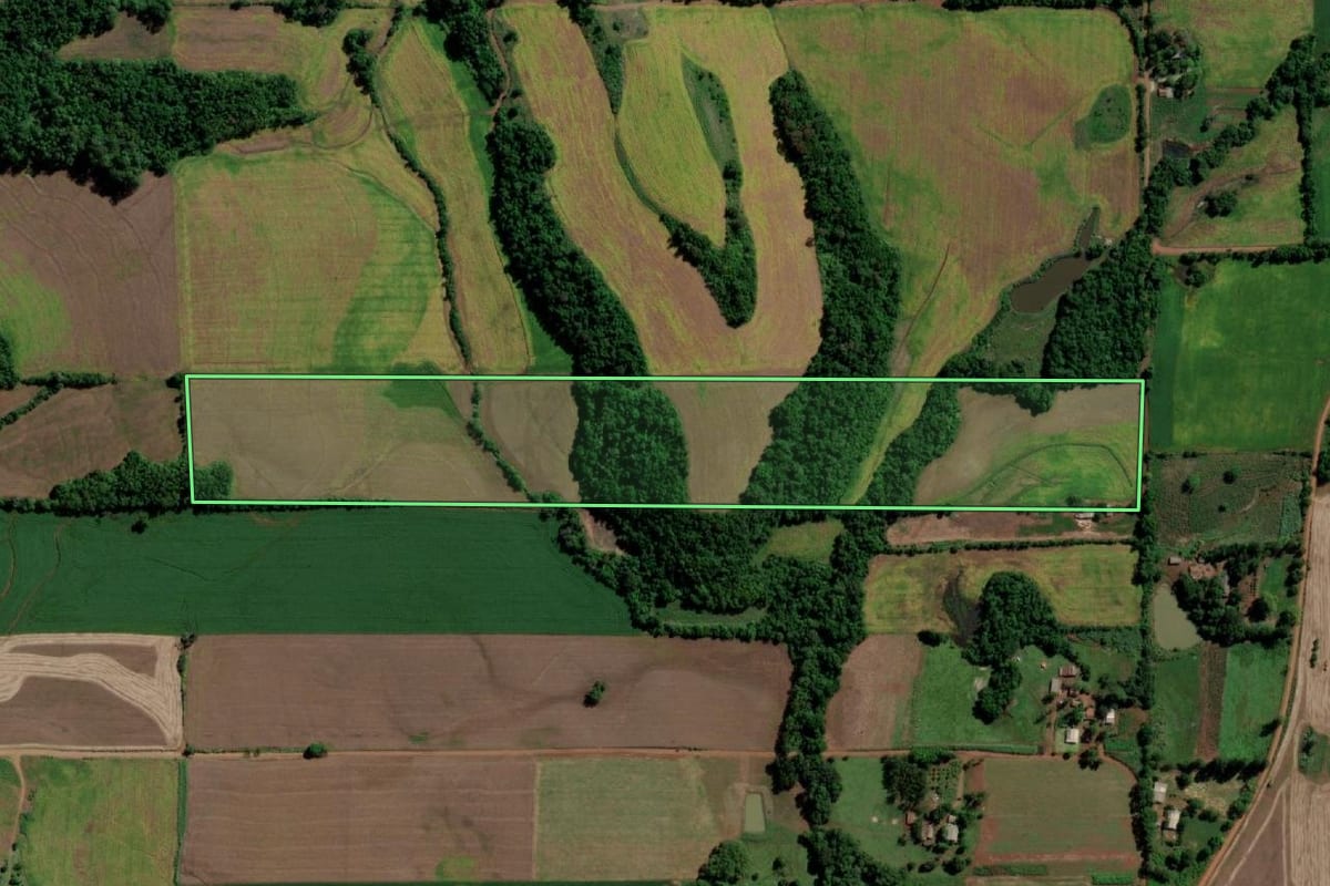 Imagem de satélite do imóvel rural em Guarani das Missões (RS), com o contorno declarado no CAR desenhado por cima.