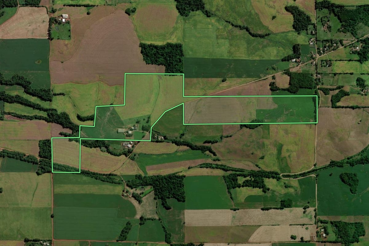 Imagem de satélite do imóvel rural em Guarani das Missões (RS), com o contorno declarado no CAR desenhado por cima.
