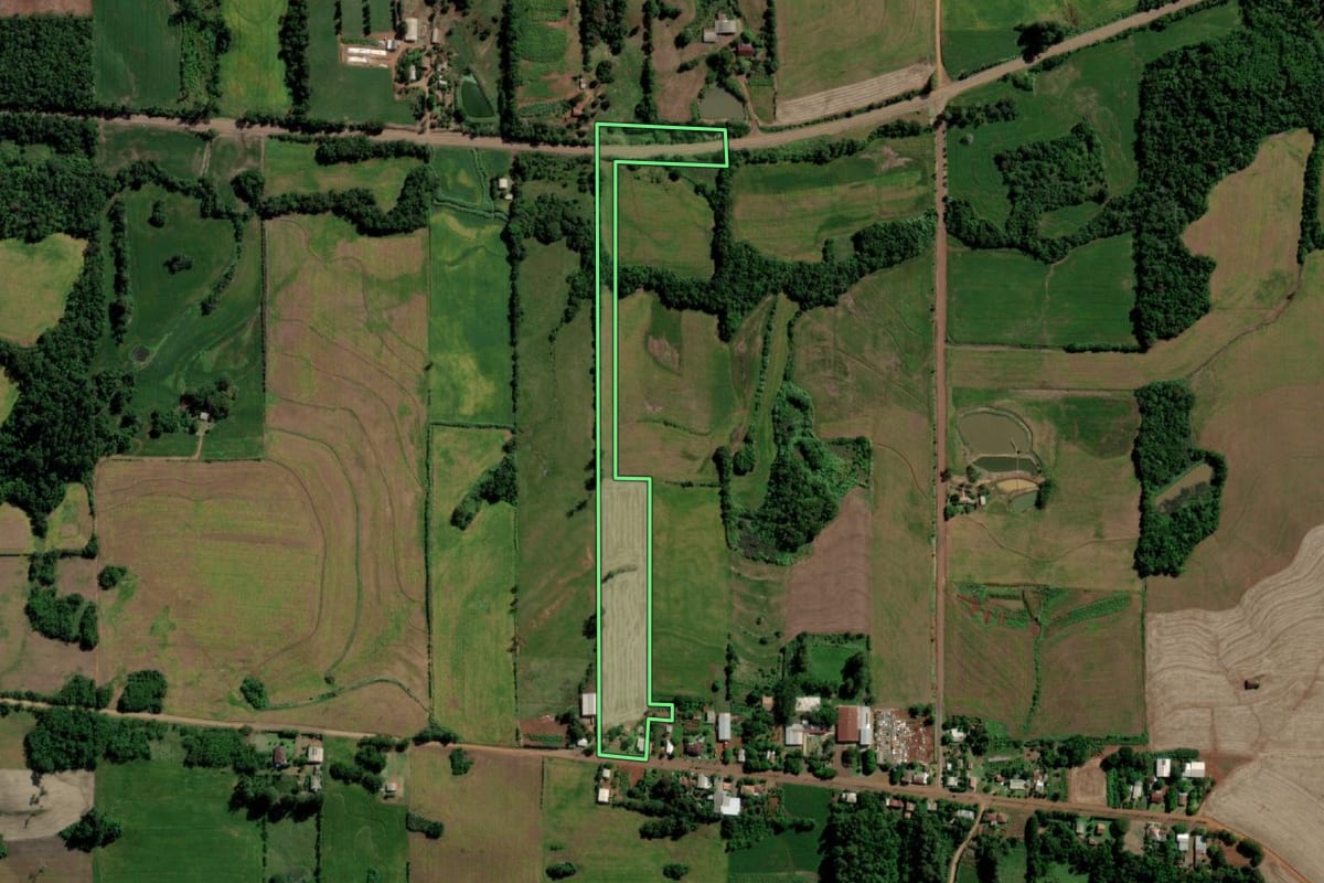 Imagem de satélite do imóvel rural em Guarani das Missões (RS), com o contorno declarado no CAR desenhado por cima.