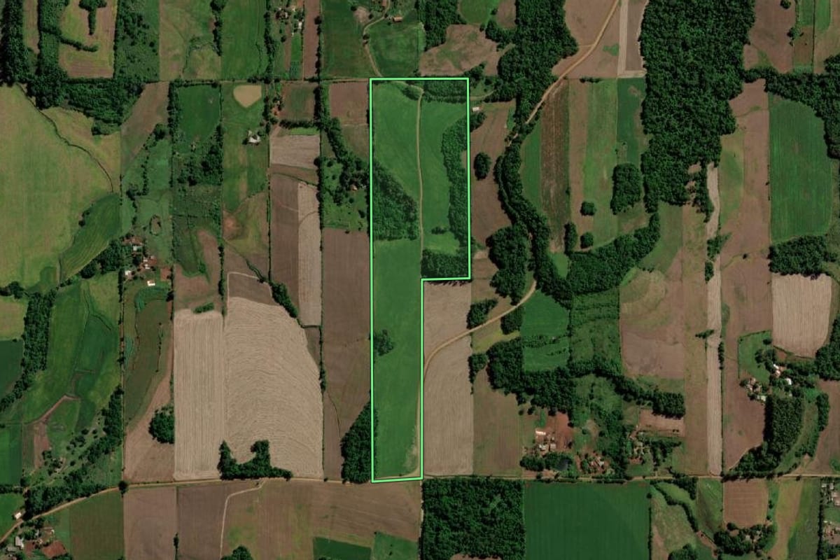 Imagem de satélite do imóvel rural em Guarani das Missões (RS), com o contorno declarado no CAR desenhado por cima.