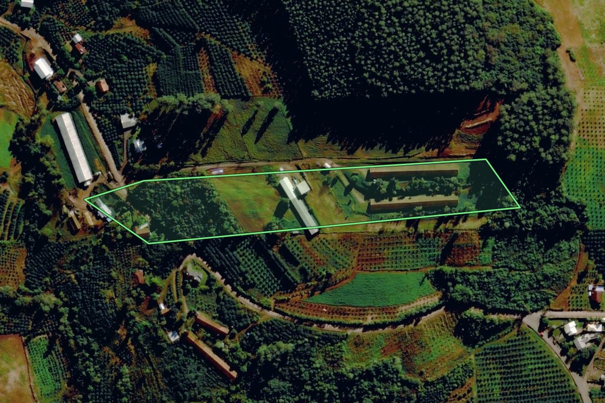 Imagem de satélite do imóvel rural em Harmonia (RS), com o contorno declarado no CAR desenhado por cima.